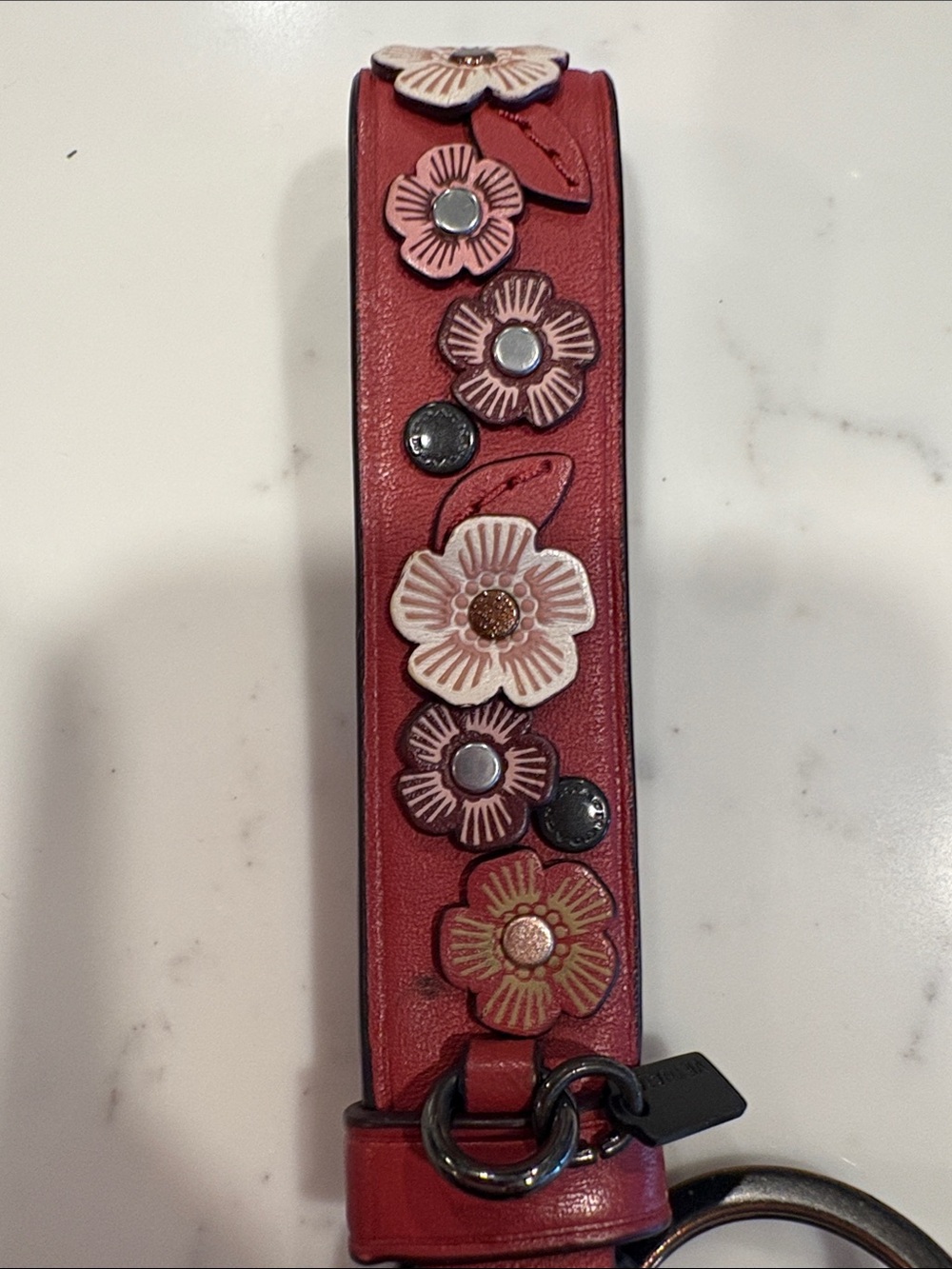Coach Red Leather Floral Appliqué Key Fob - Picture 3 of 9